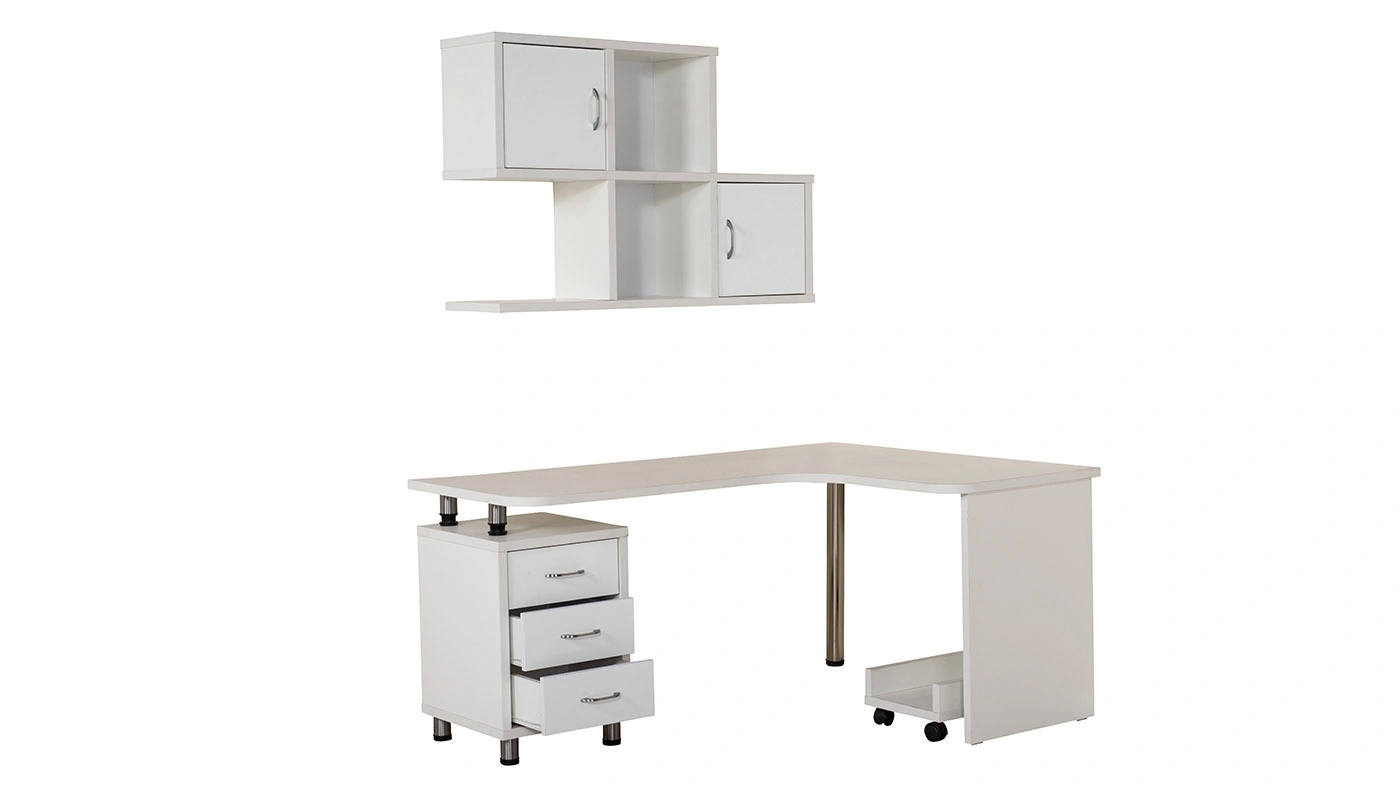 שולחן כתיבה פינתי לילדים ונוער עם מגירות וכוורת "זיו" | צבע לבן (לפינה ימנית)